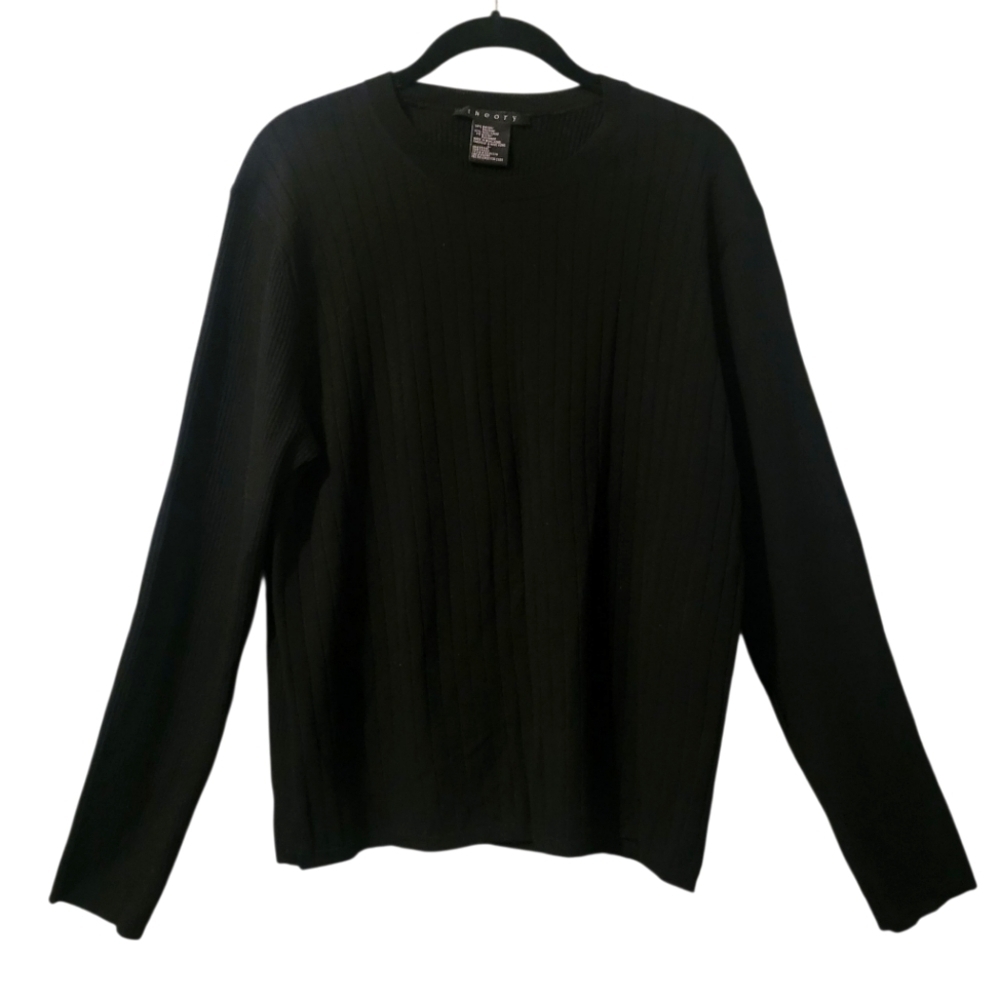 Theory Mens Large Black Wool Blend Crew Neck Long Sleeves Ribbed Sweater Stretch